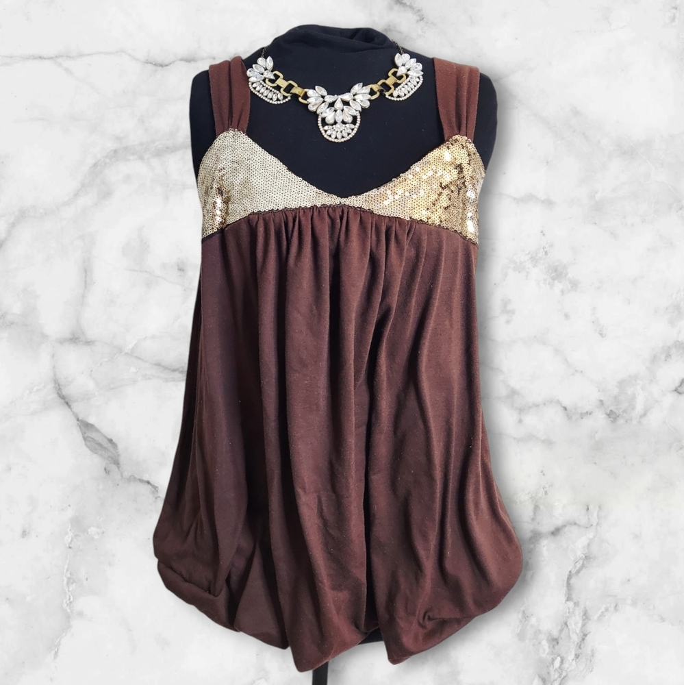 Brown flowy tank with gold sequins